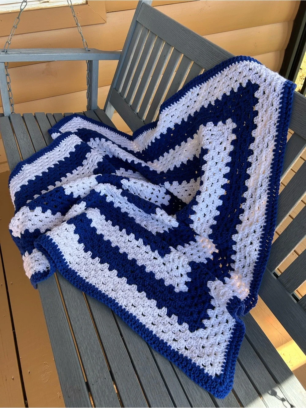 Handmade crochet blue & white throw. Approximate 46x46” very clean